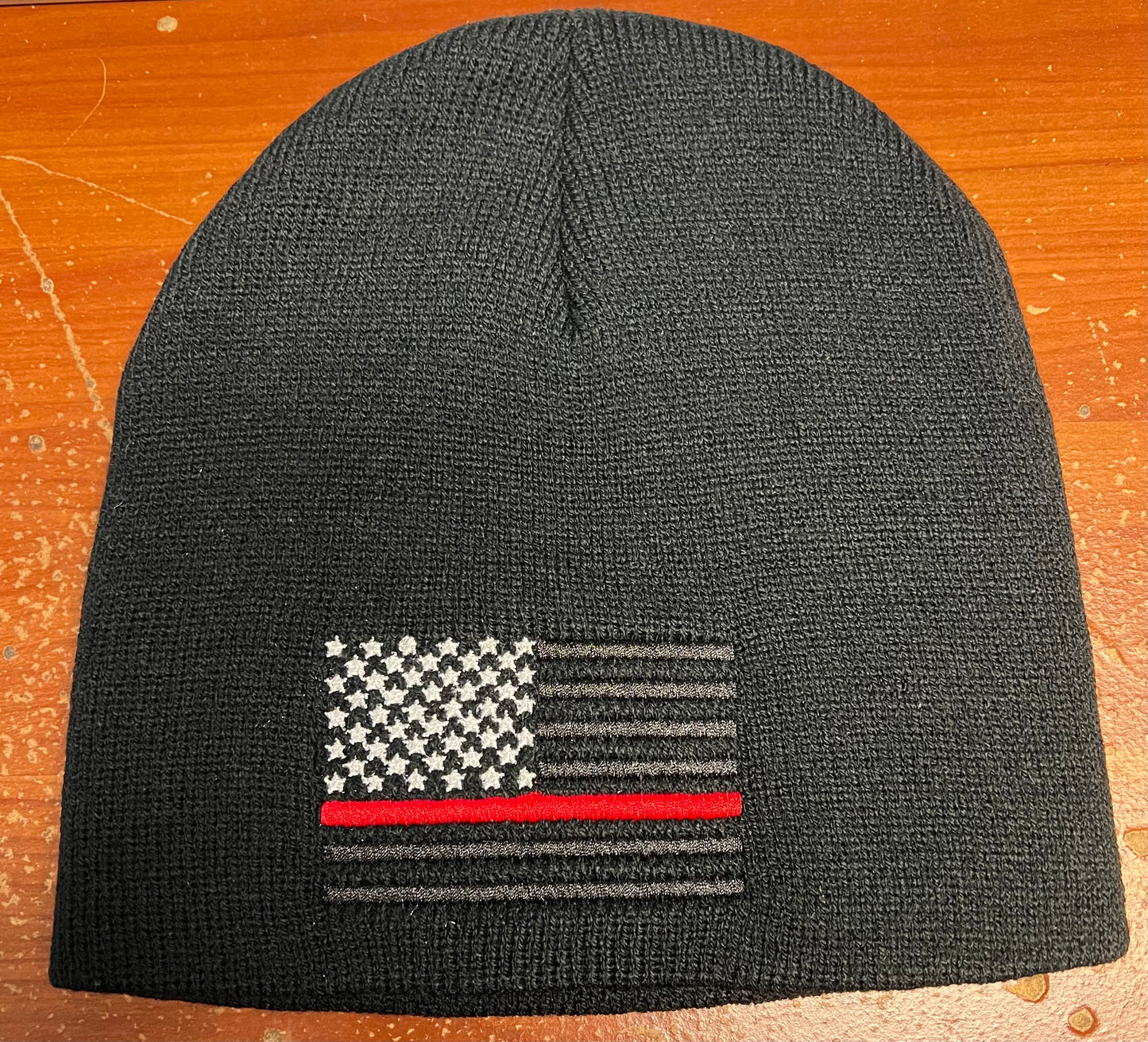 USA Flag Red Line Embroidered Beanie - Fire Fighter, Firefighter, Thin Red Line, Red Line, Hose Dragger